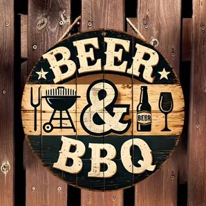 BEER&BBQ ③ バーベキューゾーン 木製看板 アメリカン雑貨 USA 18x18cm