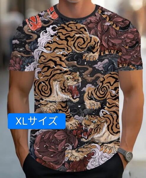 新品未着用 MEN'S 和柄 両面プリント Tシャツ《双虎》XLサイズ
