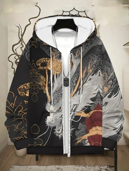 新品未着用 MEN'S 和柄《龍》ジップ パーカー 長袖 XXL 大きいサイズ