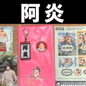 大相撲 ★ 阿炎 ★ 非売品力士缶バッジ&電光掲示板キーホルダー&刺繍入りミニタオル&トレカ&ABEMAシール&生写真/全6点