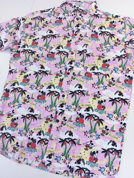 新品 XLサイズ【ミッキー MICKEY アロハシャツ】パイナップル ヤシの木 ハイビスカス ALONA ハワイアン ピンク
