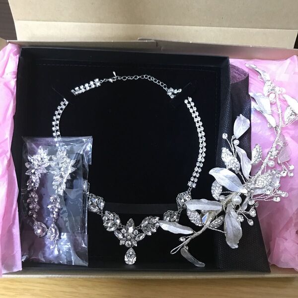 結婚式 ブライダルアクセサリー 3点セット シルバー 卒業式 成人式 パーティ ネックレス カチューシャ イヤリング ウェディング