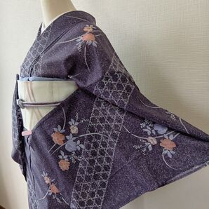 紫・グレー系 籠目・花模様小紋 絽・夏物・単衣 化繊
