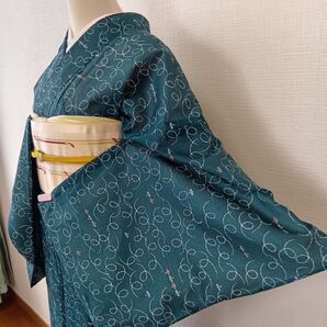 緑系 くるくるトンボ模様 小紋 絽・夏物・単衣 洗える 化繊