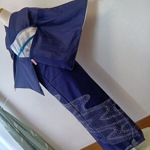 紺系 流水・小花模様 附下げ訪問着 絽・夏物・単衣 化繊 しつけ糸付き
