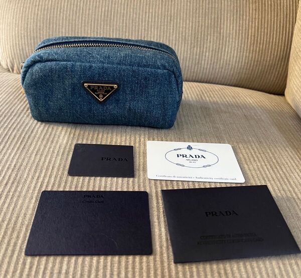 正規品 PRADA プラダ デニム ポーチ バッグ 三角ロゴ ブルー サフィアーノ