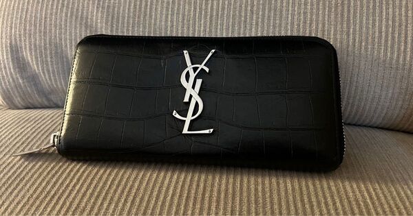 正規品 YVES SAINT LAURENT YSLラウンドファスナー 長財布 型押し レザー クロコ調 ブラック 黒