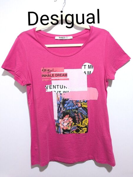Desigual デシグアル ラメ入りプリント Tシャツ 半袖 M ピンク