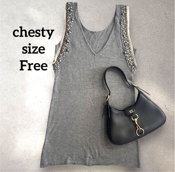 chesty アンゴラ カシミヤ混 ビーズ装飾 ノースリーブ チュニックグレー Free ビジュー