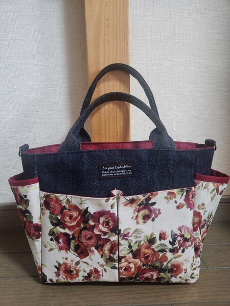 岡山デニム◆薔薇柄◆ポケット沢山付きトートバッグ◆2way◆ハンドメイド◆