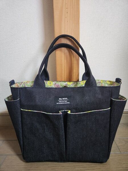 岡山デニム◆カラフルフラワー◆ポケット沢山付きトートバッグ◆2way◆ハンドメイド◆