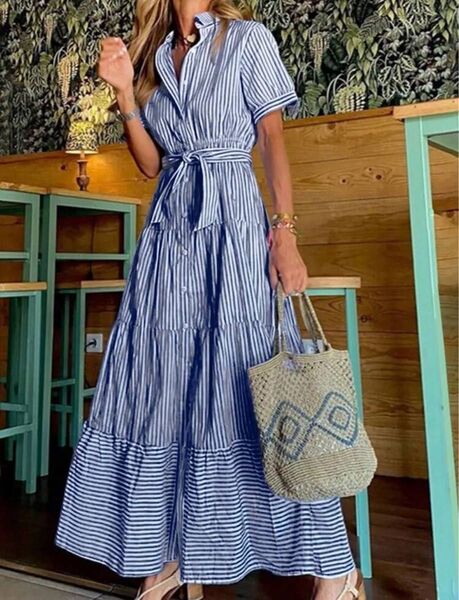 SHEIN☆カジュアルシャツワンピース ストライプ ブルー 大人可愛い ワンピース ウエストリボン ロングワンピース