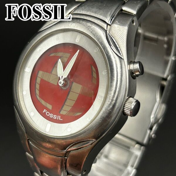 【激レア】FOSSIL フォッシル JR-8154 ビッグティック 腕時計 シルバー レッド 動作品 クォーツ 稼働品 希少