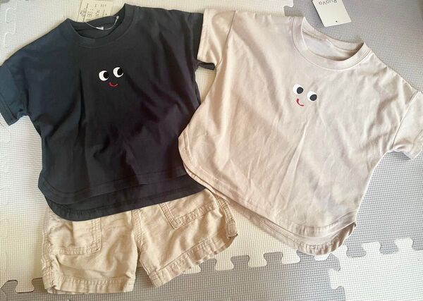新品 95cm おかおTシャツ 2枚セット ネイビー ベージュ +半ズボンおまけ