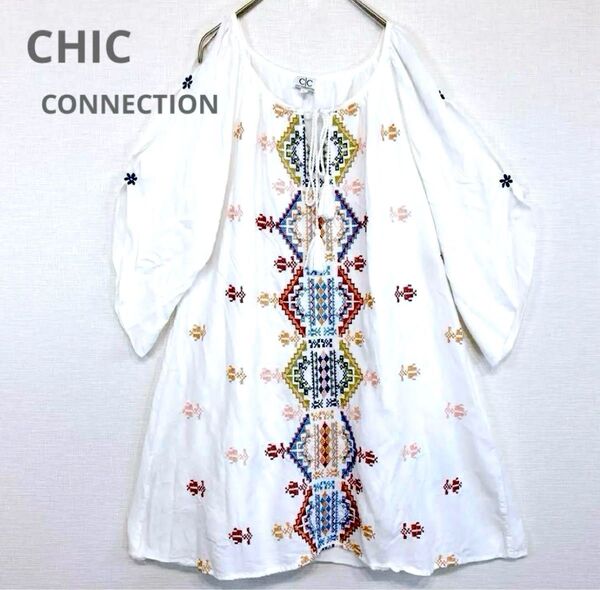 CHIC CONNECTION 刺繍 ホワイト オフショルダーワンピース チュニック M 花柄 ゆったり カットソー トップス