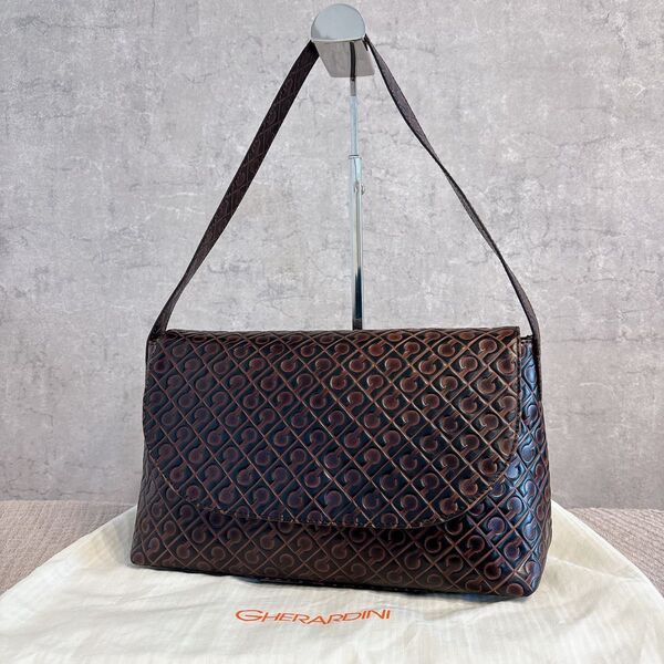 美品 GHERARDINI ショルダーバッグ レザー 型押し ブラウン