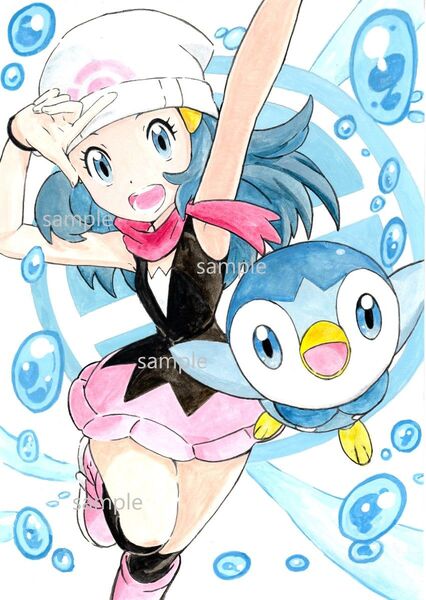 ポケモン ヒカリとポッチャマ 手描き水彩画コピー