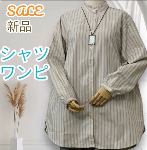 【限定1枚】新品 激安 薄地 春夏 シャツ ワンピース チュニック ストライプ コットン えりフリル ナチュラル アイボリ