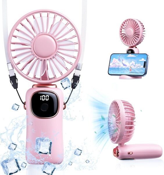 ハンディファン 携帯 扇風機 充電式 5段階風量 7枚羽根 折り畳み ストラップ付 熱中症対策(ピンク) 手持ち扇風機 首掛け