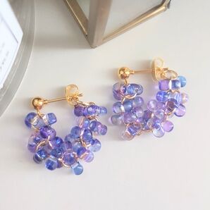 【No.214】ハンドメイド ピアス 透明 つぶつぶ パープル しずく ガラス ゴールド ステンレス あじさい