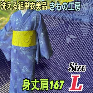 きもの工房洗える絽単衣美品身丈肩167L涼しげパープルに紫蝶に縞柄で上品粋