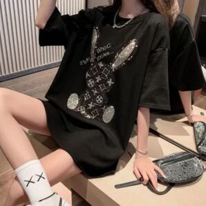 レディース うさぎ キラキラ ビジュー Tシャツ ビッグシルエット ブラック 1300