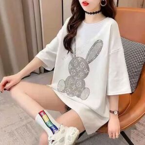 レディース うさぎ キラキラ ビジュー Tシャツ ビッグシルエット ホワイト 1300
