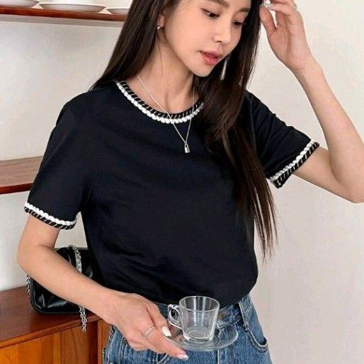 DAZY コントラスト バインディング ラウンドネック T シャツ半袖 tシャツ レディース L