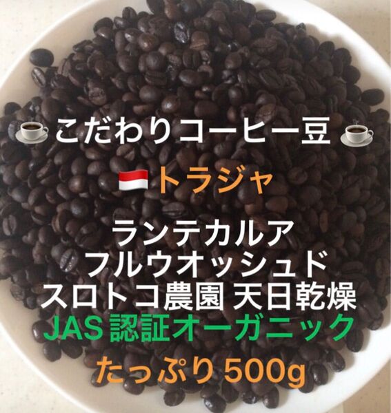 こだわりコーヒー豆 トラジャ ランテカルア たっぷり500g JAS認証オーガニック スロトコ農園 中深煎り 自家焙煎ウォッシュド