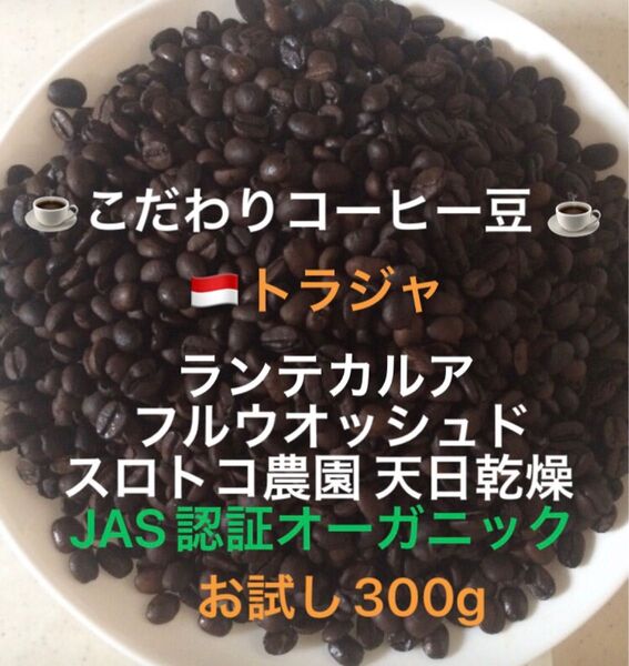 こだわりコーヒー豆 トラジャ ランテカルア お試し300g JAS認証オーガニック スロトコ農園 中深煎り 自家焙煎 ウォッシュド