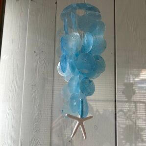 水色ブルーカピスシェル 風鈴 ウインドチャイムビーズ カラカラ 透明癒し涼しげ