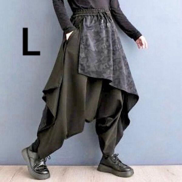 袴パンツ サルエル ワイド メンズ ズボン 迷彩 レイヤード 黒 アシンメトリー