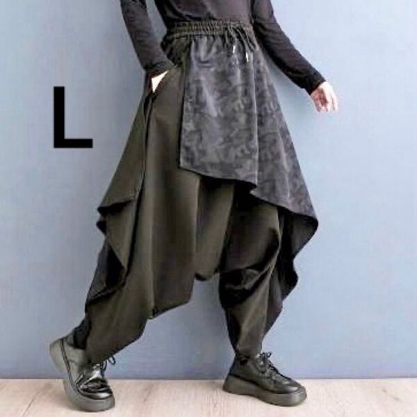 袴パンツ サルエル ワイド メンズ ズボン 迷彩 レイヤード 黒 アシンメトリー