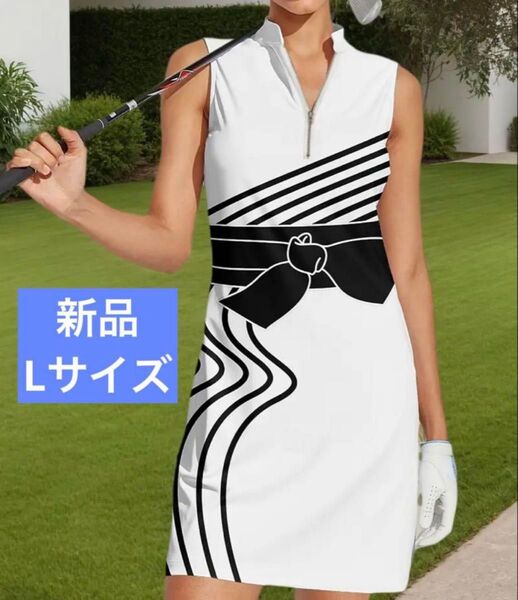 【新品/Lサイズ】ゴルフウェア レディース ワンピース ホワイト リボン柄