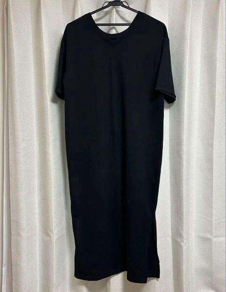 2WAY 半袖ロングワンピース M ブラック Vネック 丸首 スリットデザイン