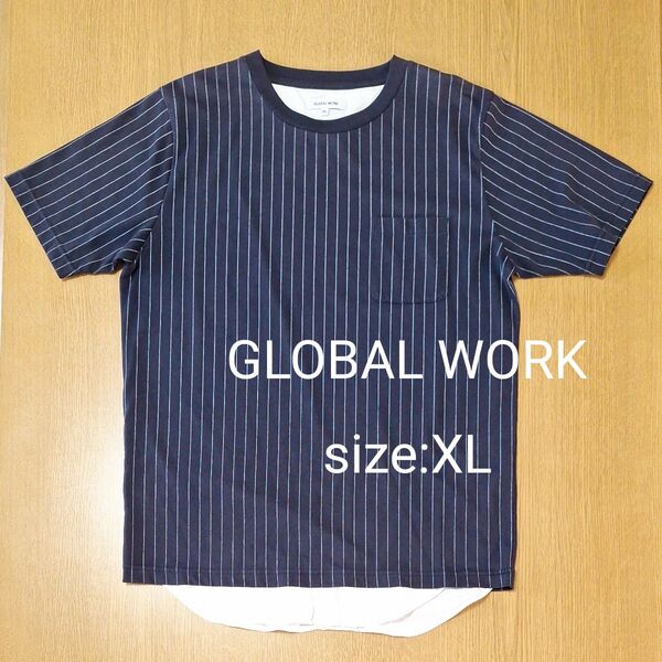 GLOBAL WORK size:XL シャツ重ね着風 半袖カットソー 左ポケット付き ネイビー ストライプ