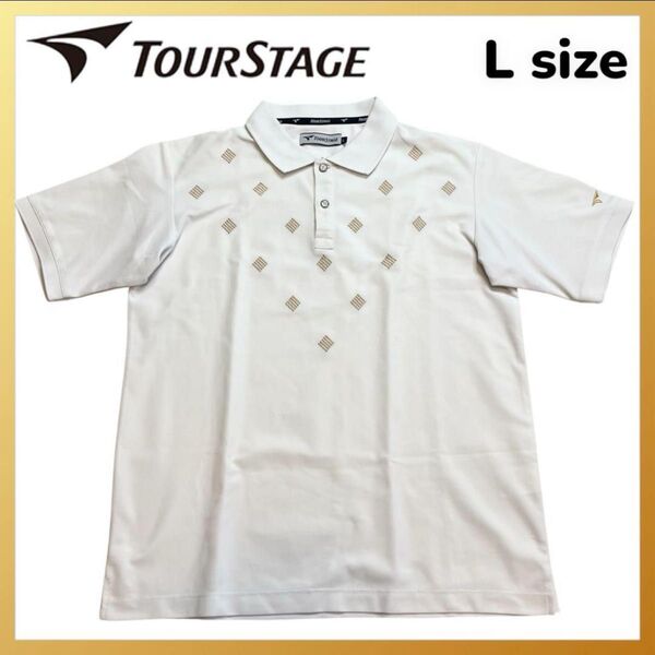 TOURSTAGE ツアーステージ 半袖 メンズ ゴルフウェア ポロシャツ 金ロゴ 刺繍 総柄 L 白 ホワイトゴルフ GOLF