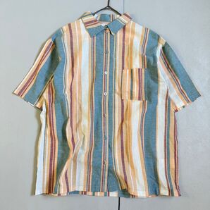 【リネンコットン】ジュエティ レトロ ストライプ柄半袖リネンシャツ M 大きめ