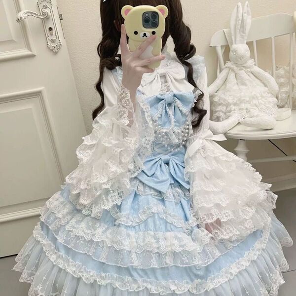 ロリータ ワンピース ブラウス 水色 白 フリル レース リボン