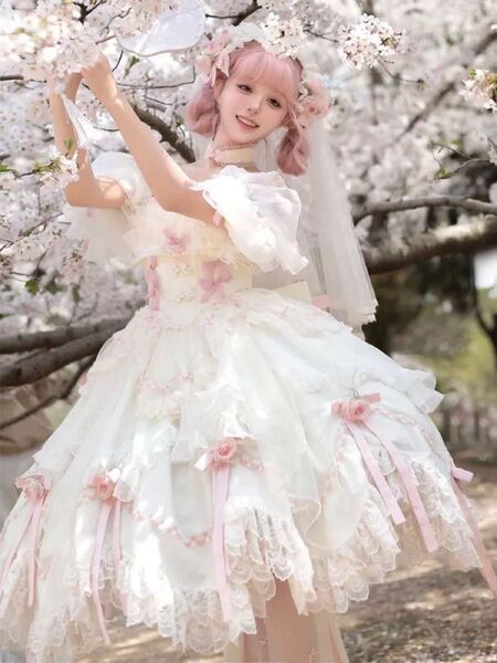ロリータ風ワンピース 姫系 オフショルダー フリル レース 花柄 リボン ピンク/白