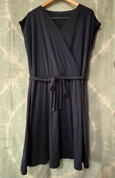 【美品】ドレープカシュクールワンピース L 紺 ネイビー ミディアム丈