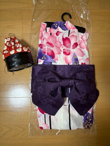 浴衣 ピンク 蝶 桜 花柄 レディース 竹籠とセット