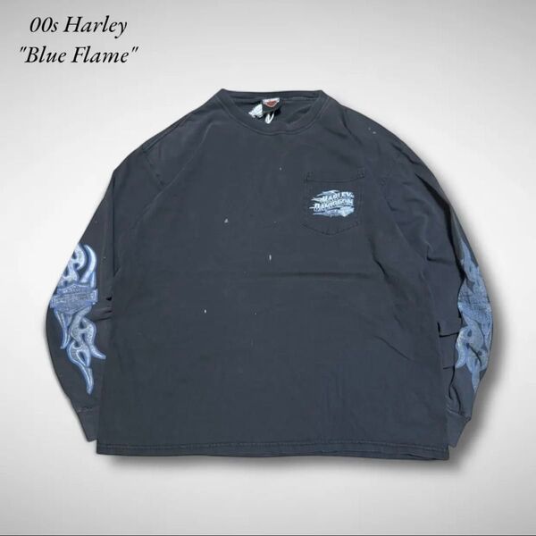 00sハーレーダビッドソン袖プリントロンTブルーフレイム青炎フェードブラック古着 長袖Tシャツ