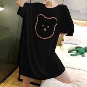 Tシャツ くま ワンピース ルームウェア ブラック XL 半袖
