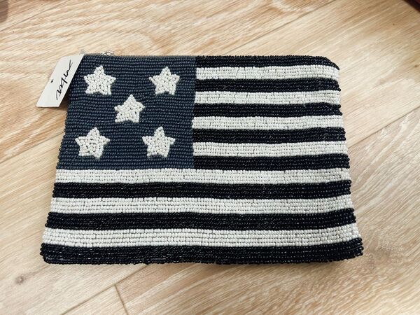 wtw ダブルティー アメリカ USAビーズポーチ 小銭入れ 小物入れ 国旗 ポーチ ハンドメイド 黒 小物入れ ブラック