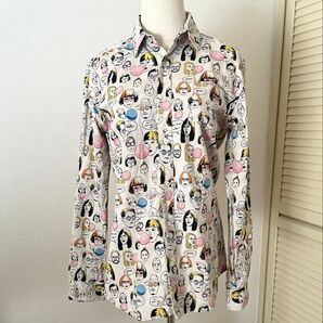 【美品】総柄 プリントシャツ オフホワイト 長袖 Mサイズ 透け感なし 日本製 パラディション 綿麻 長袖シャツ ユニセックス