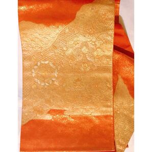 SALE 新品 袋帯 お太鼓柄 正絹 シルク 草花 金 オレンジ 金糸 訪問着 金彩 金糸 和装小物