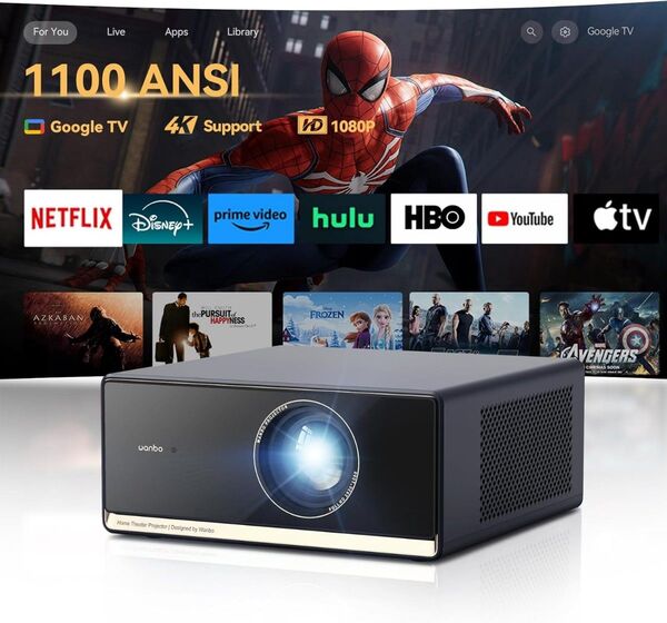 1100ANSI Google TV搭載 Wanbo X5 Pro プロジェクター 4K対応 フルHD 1.25:1投影比率