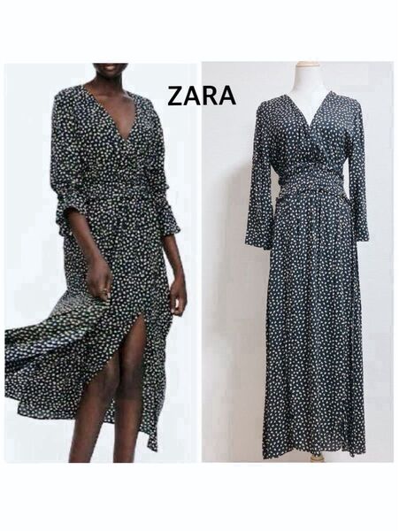【ZARA】ザラ 花柄 マキシワンピース ロングワンピース マキシ丈 ブラック 黒 L
