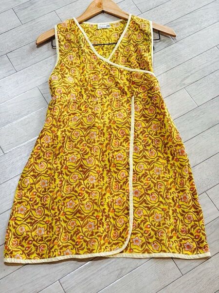 エプロンワンピース インド更紗花柄 イエロー
